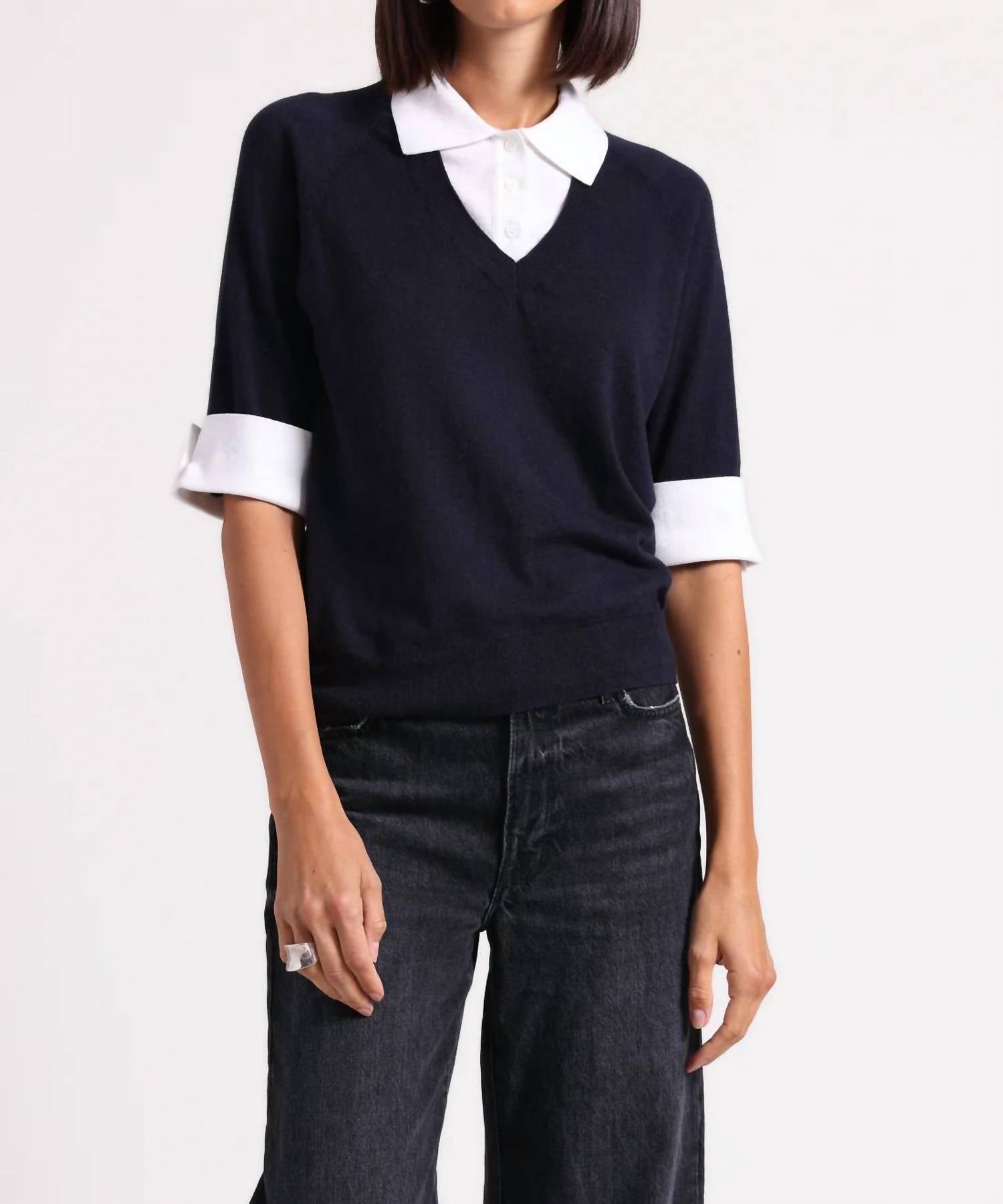 Minnie Rose - Cotton Cashmere Short Sleeve V Neck With Collar - blue - clothing - cotton - blend