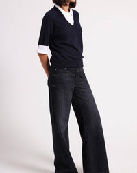 Minnie Rose - Cotton Cashmere Short Sleeve V Neck With Collar - blue - clothing - cotton - blend
