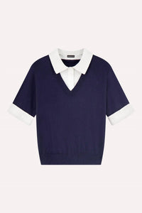 Minnie Rose - Cotton Cashmere Short Sleeve V Neck With Collar - blue - clothing - cotton - blend