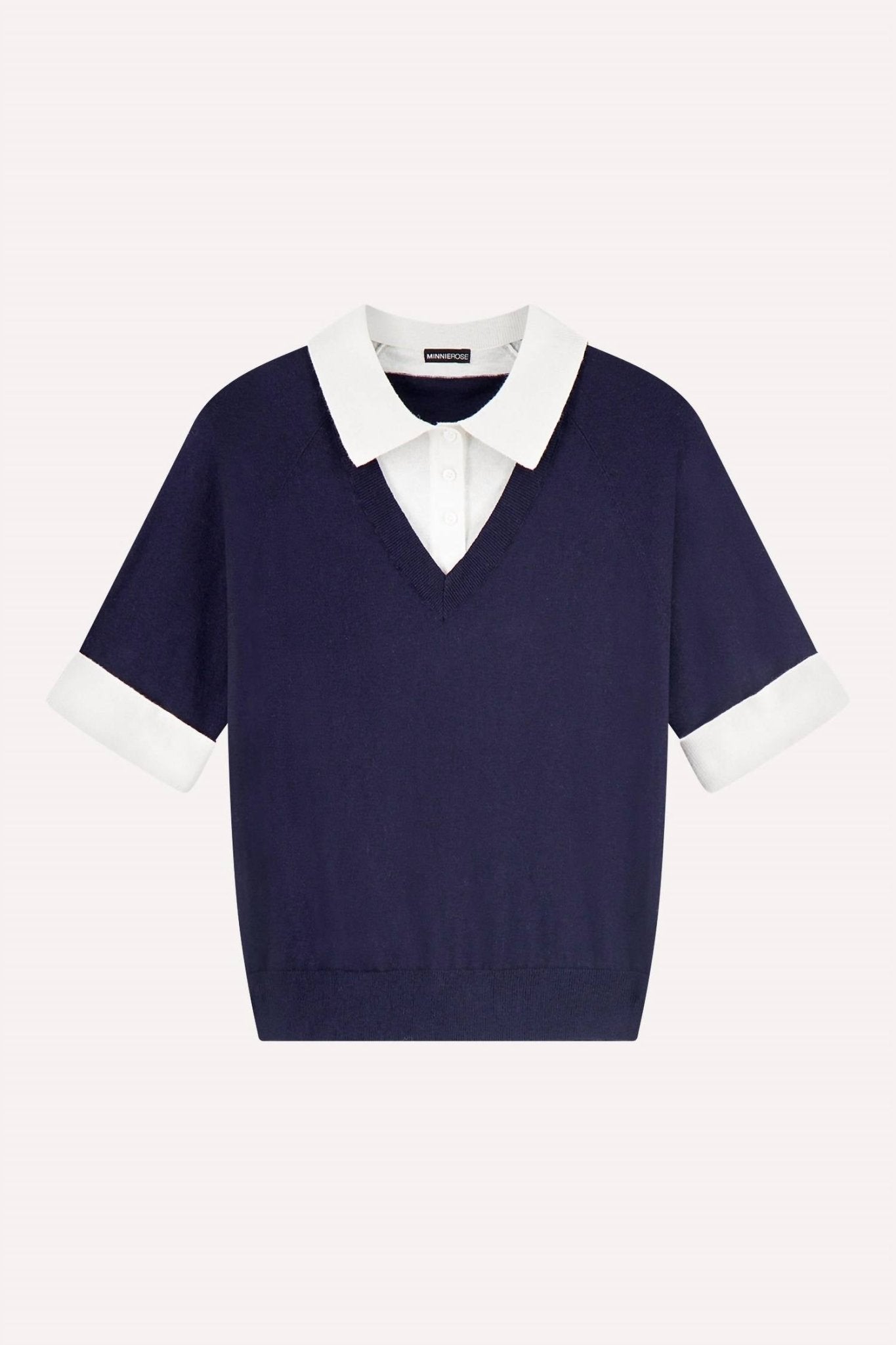Minnie Rose - Cotton Cashmere Short Sleeve V Neck With Collar - blue - clothing - cotton - blend