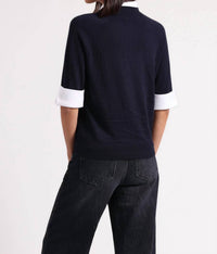 Minnie Rose - Cotton Cashmere Short Sleeve V Neck With Collar - blue - clothing - cotton - blend