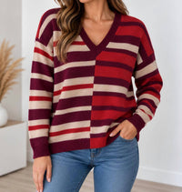Minnie Rose - Multi-colored Striped V-neck Knit Sweater