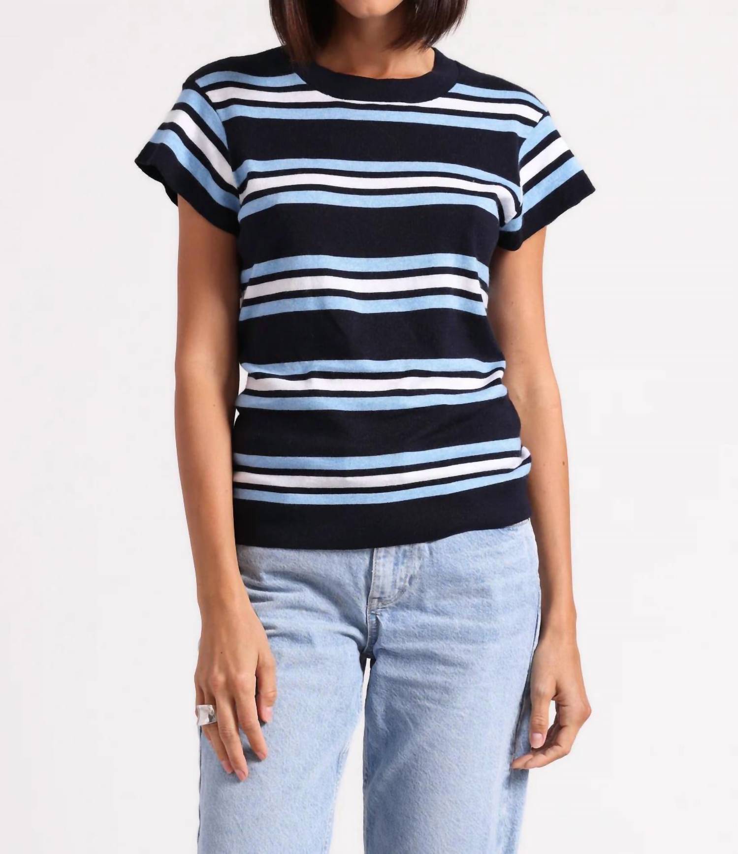 Minnie Rose - Multi Stripe Cap Sleeve Crewneck Tee - blue - clothing - cotton - blend