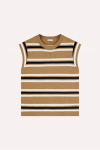 Minnie Rose - Multi Stripe Cap Sleeve Crewneck Tee - brown - clothing - cotton - blend