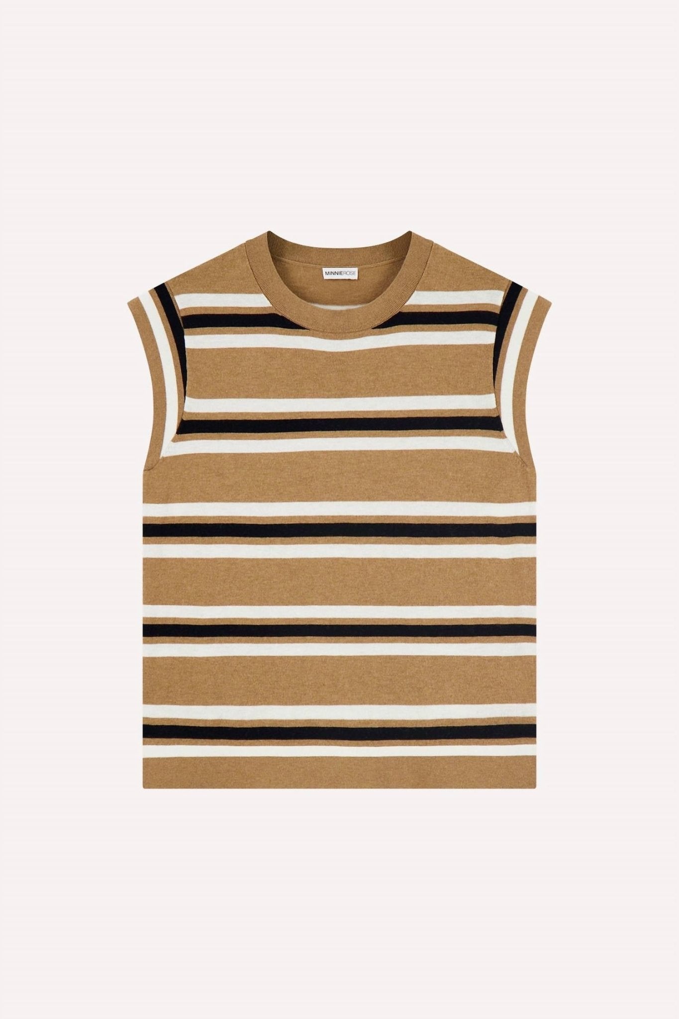 Minnie Rose - Multi Stripe Cap Sleeve Crewneck Tee - brown - clothing - cotton - blend