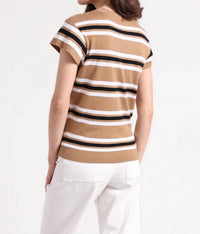 Minnie Rose - Multi Stripe Cap Sleeve Crewneck Tee - brown - clothing - cotton - blend