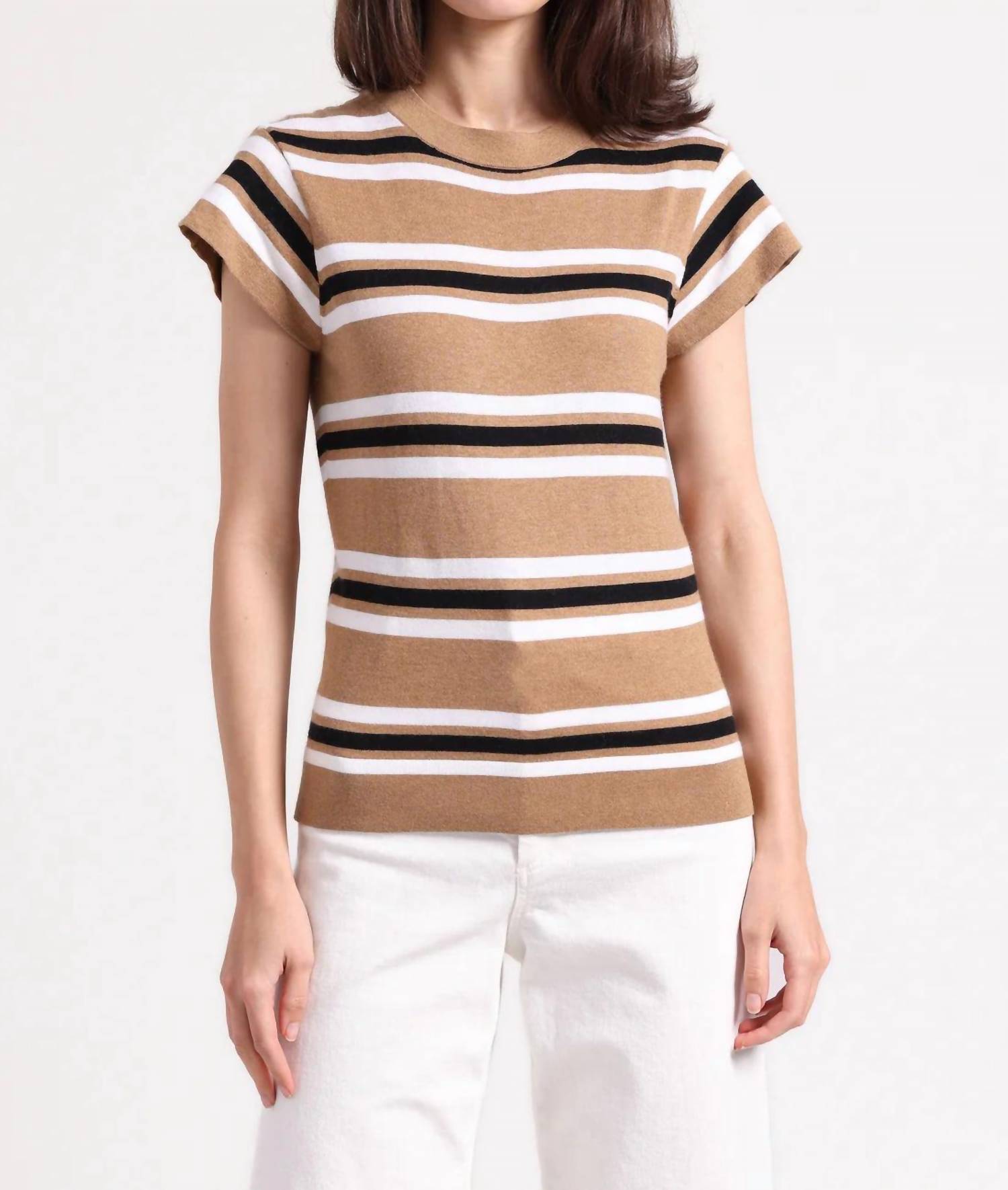 Minnie Rose - Multi Stripe Cap Sleeve Crewneck Tee - brown - clothing - cotton - blend