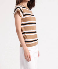 Minnie Rose - Multi Stripe Cap Sleeve Crewneck Tee - brown - clothing - cotton - blend