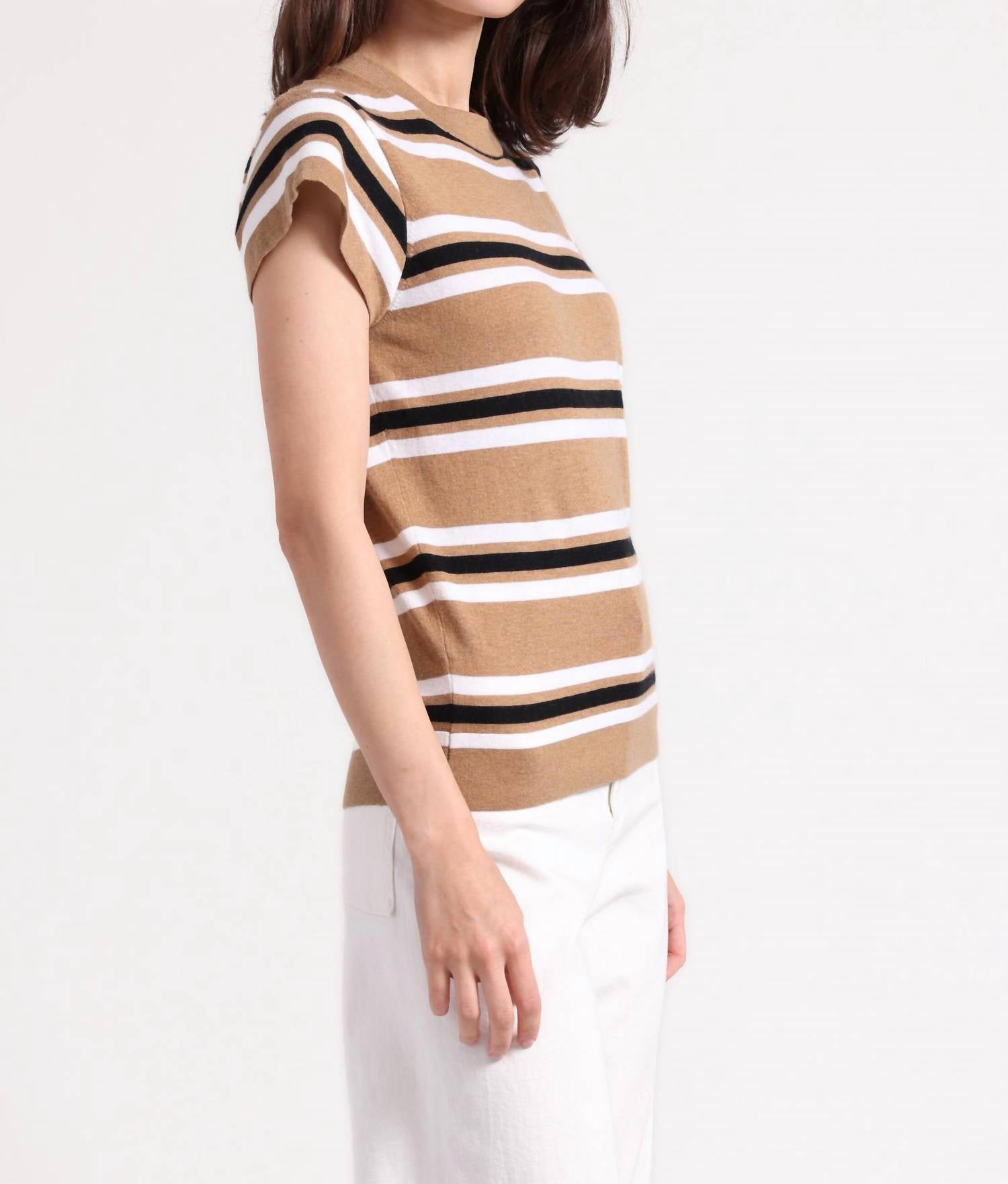 Minnie Rose - Multi Stripe Cap Sleeve Crewneck Tee - brown - clothing - cotton - blend