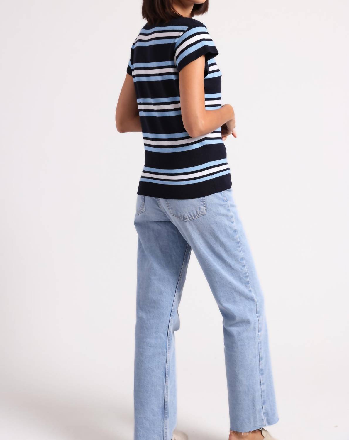 Minnie Rose - Multi Stripe Cap Sleeve Crewneck Tee - blue - clothing - cotton - blend