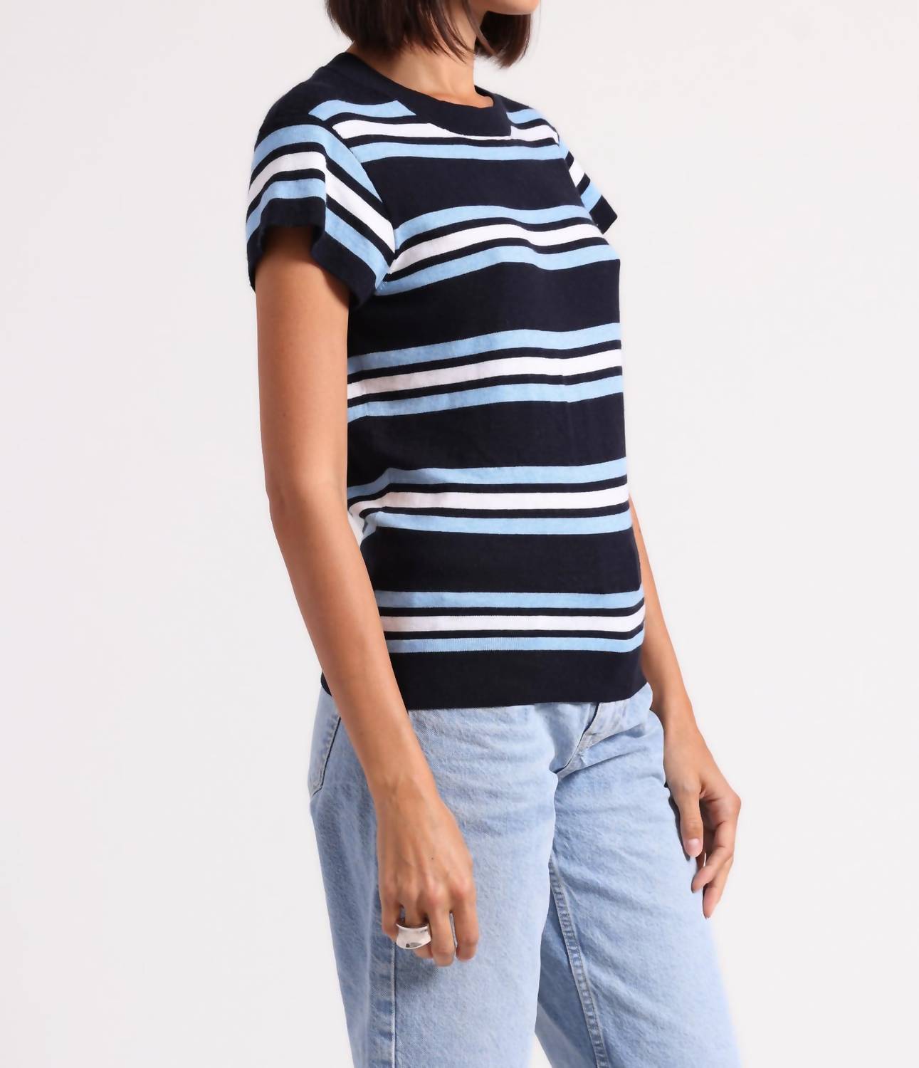 Minnie Rose - Multi Stripe Cap Sleeve Crewneck Tee - blue - clothing - cotton - blend