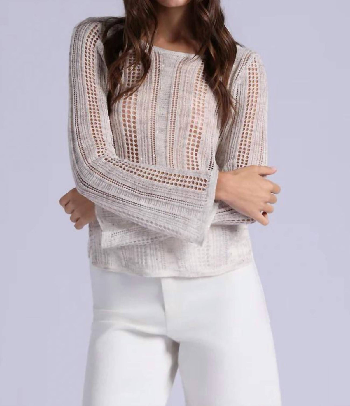 Minnie Rose - Sequin Pointelle Stripe Boat Neck Top