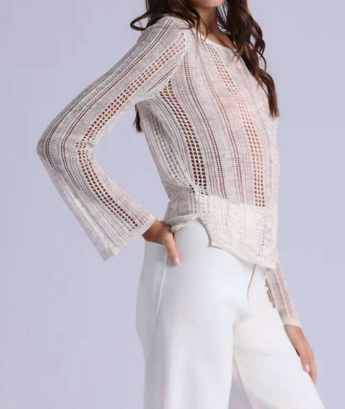 Minnie Rose - Sequin Pointelle Stripe Boat Neck Top