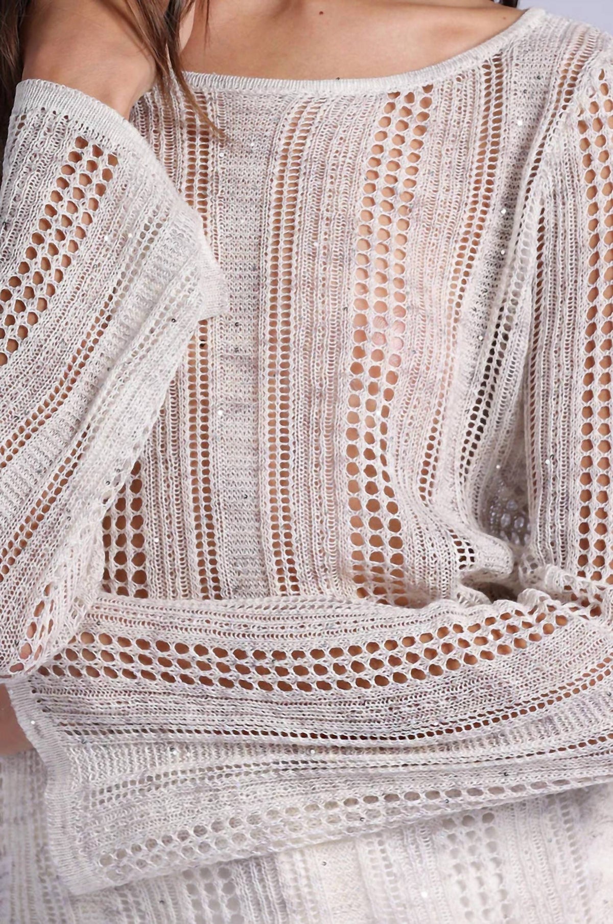 Minnie Rose - Sequin Pointelle Stripe Boat Neck Top