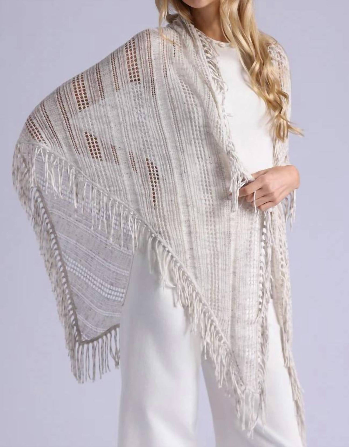 Minnie Rose - Sequin Pointelle Stripe Fringe Shawl