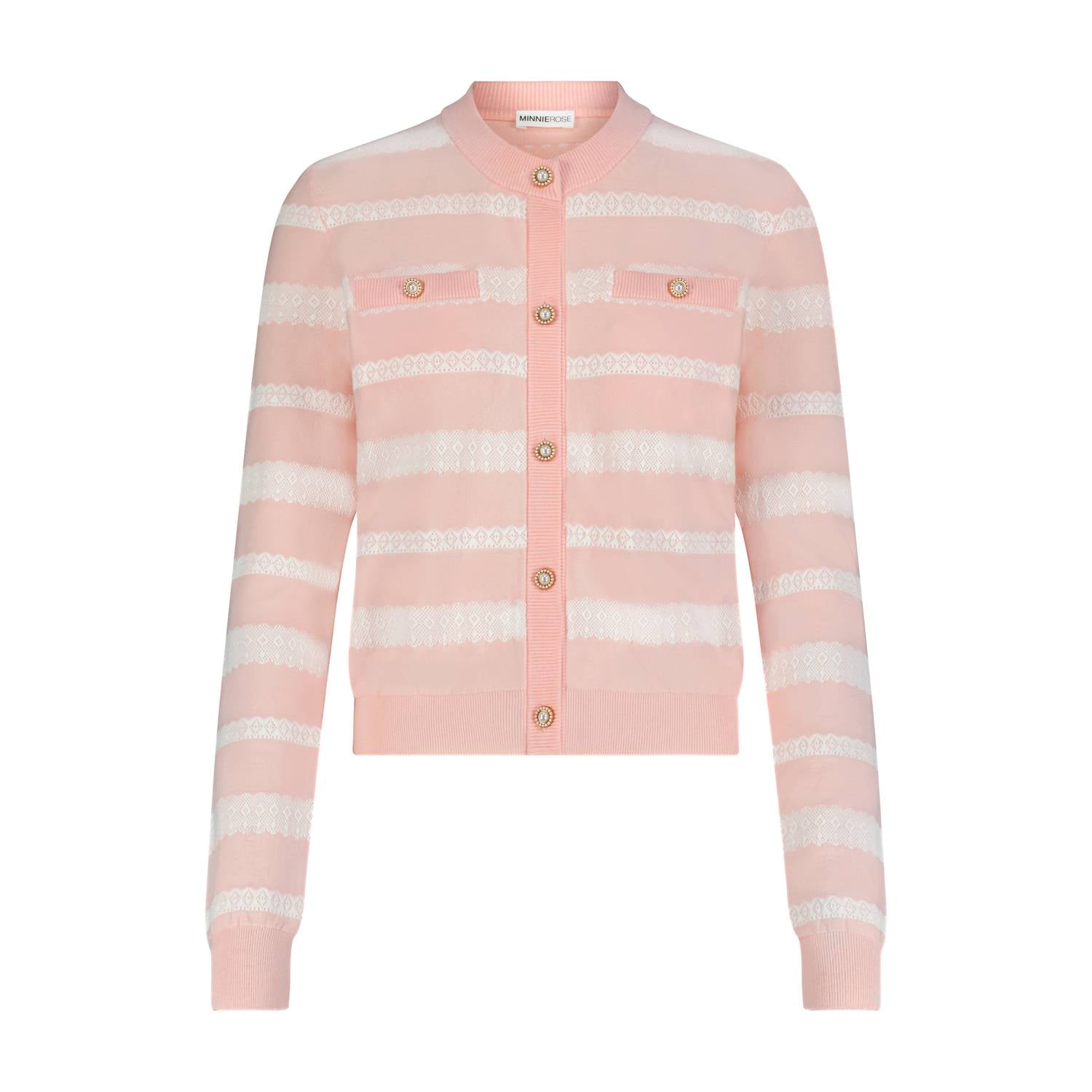 Minnie Rose - Viscose Lace Stripe Cardigan - cardigans - clothing - pink