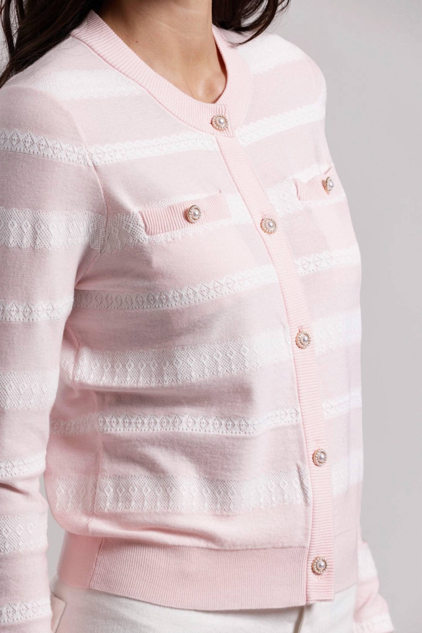 Minnie Rose - Viscose Lace Stripe Cardigan - cardigans - clothing - pink