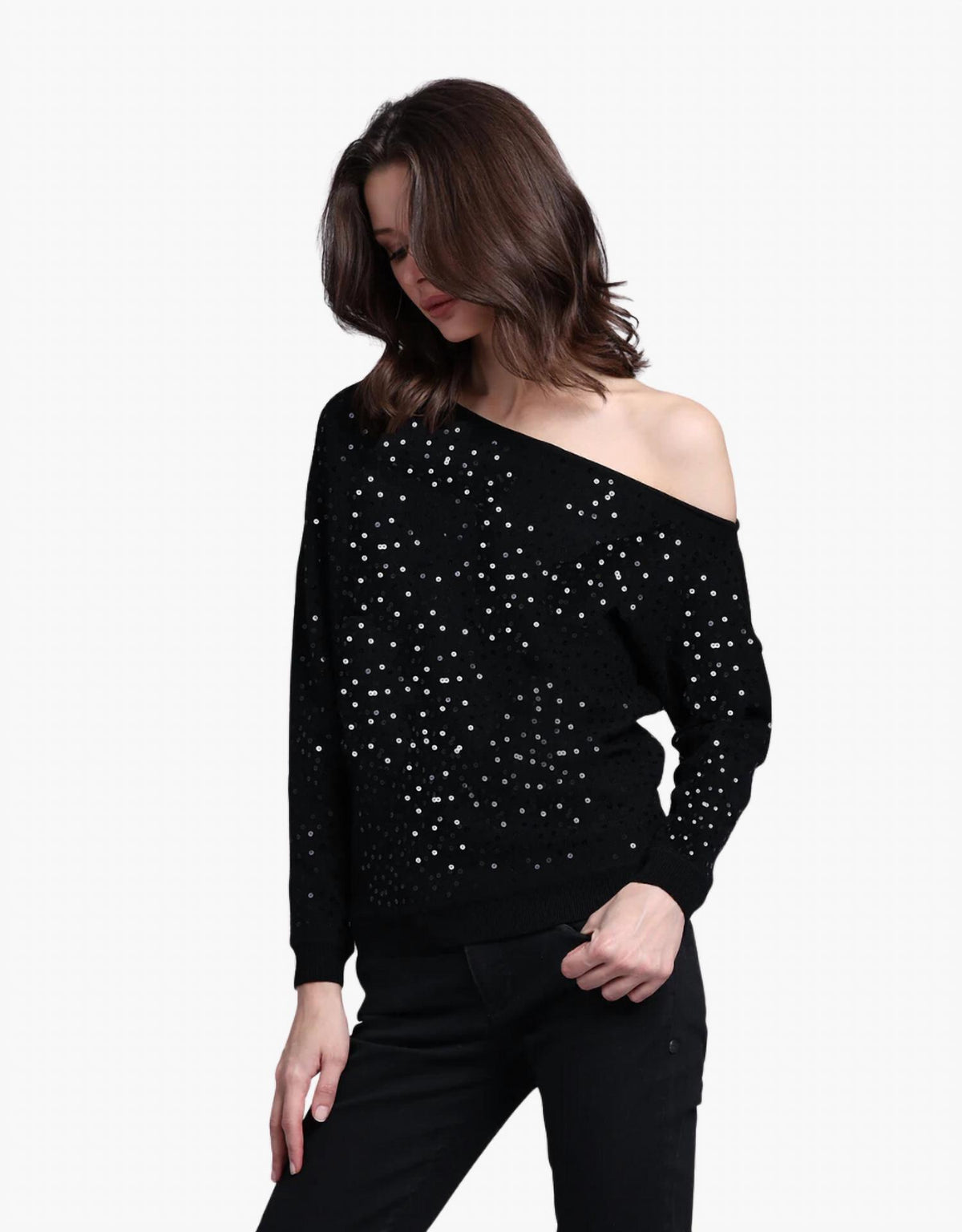 Minnie Rose - Viscose Sequin Off The Shoulder Sweater