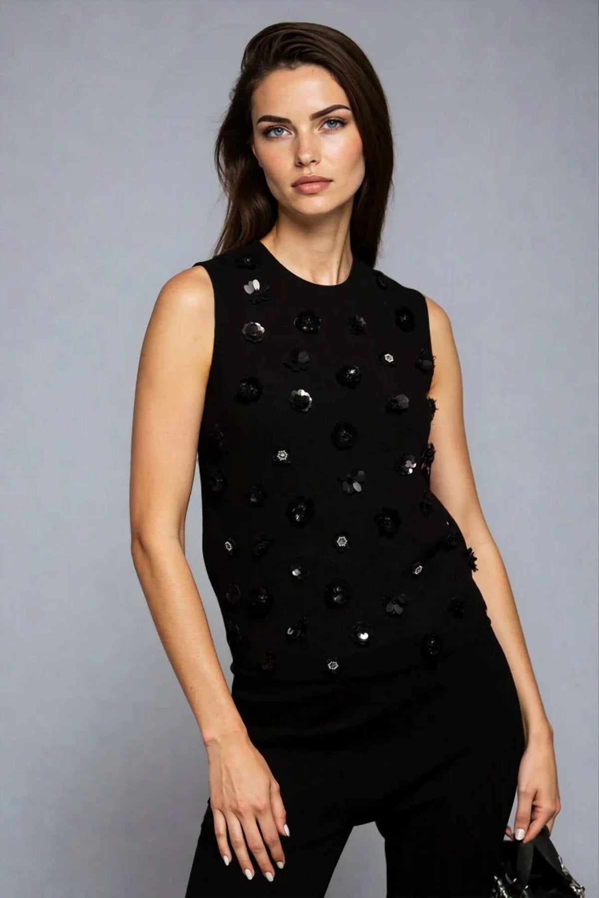 Minnie Rose - Viscose Shell With Floral Sequin Applique Top