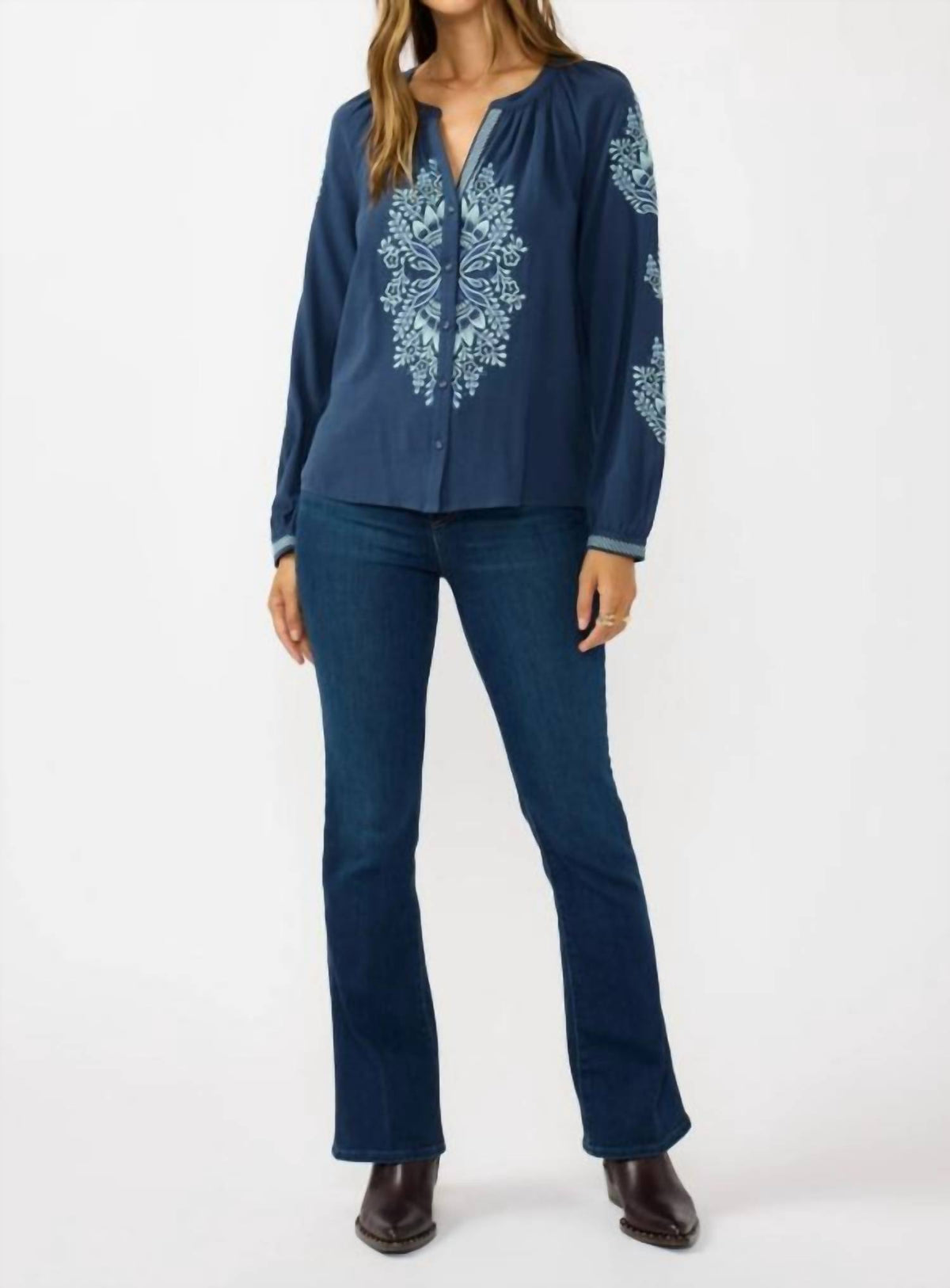 Mint - Sky Blooms Embroidered Raglan Button Blouse