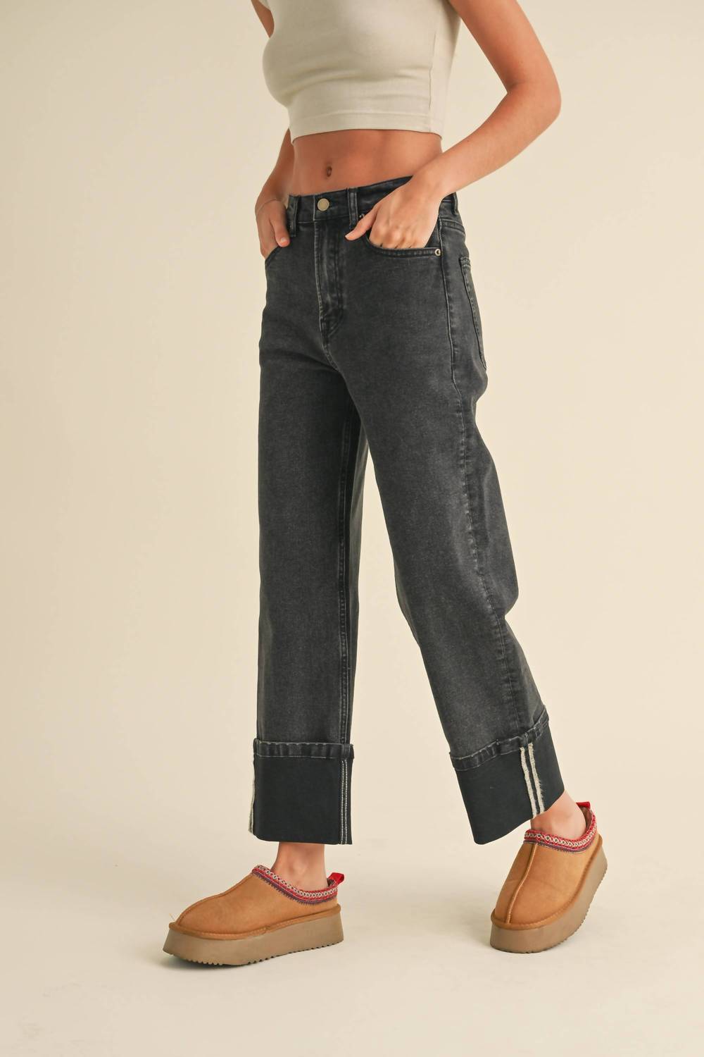 Miou Muse - Cuffed Straight Leg Denim Jeans