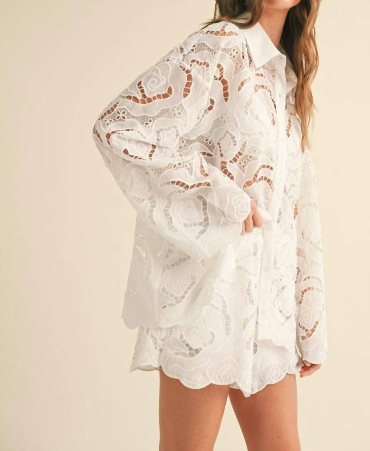 Miou Muse - Floral Eyelet Pattern Shirt
