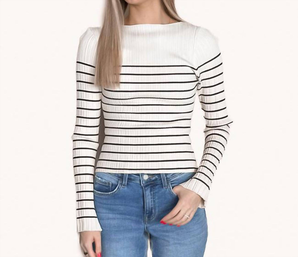 Miou Muse - Long Sleeve Stripe Pattern Ribbed Knitted Top
