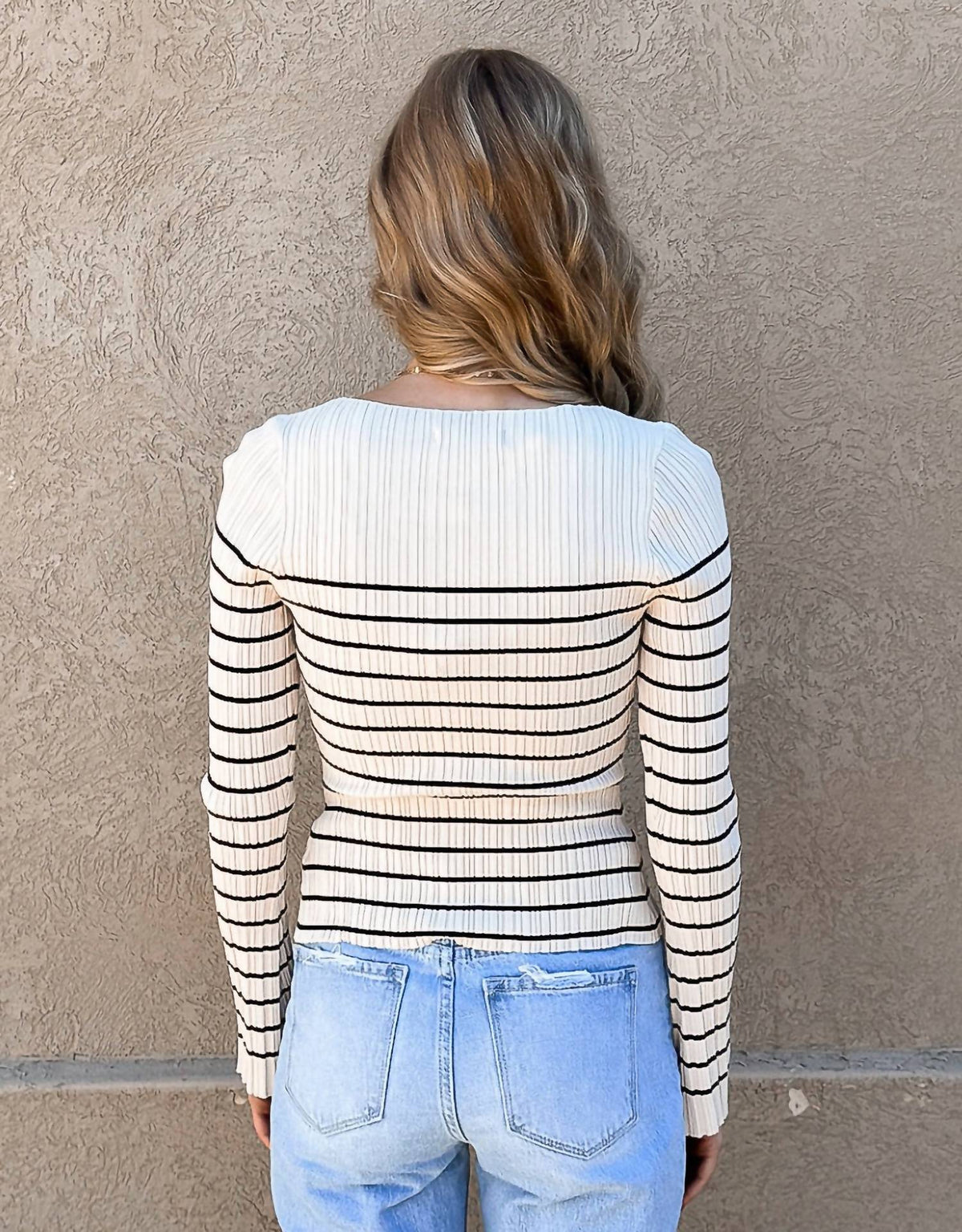 Miou Muse - Long Sleeve Stripe Pattern Ribbed Knitted Top