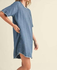 Miou Muse - Raw Edge Detail Denim Dress - blue - clothing - dresses