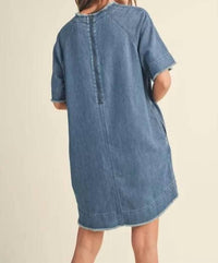 Miou Muse - Raw Edge Detail Denim Dress - blue - clothing - dresses