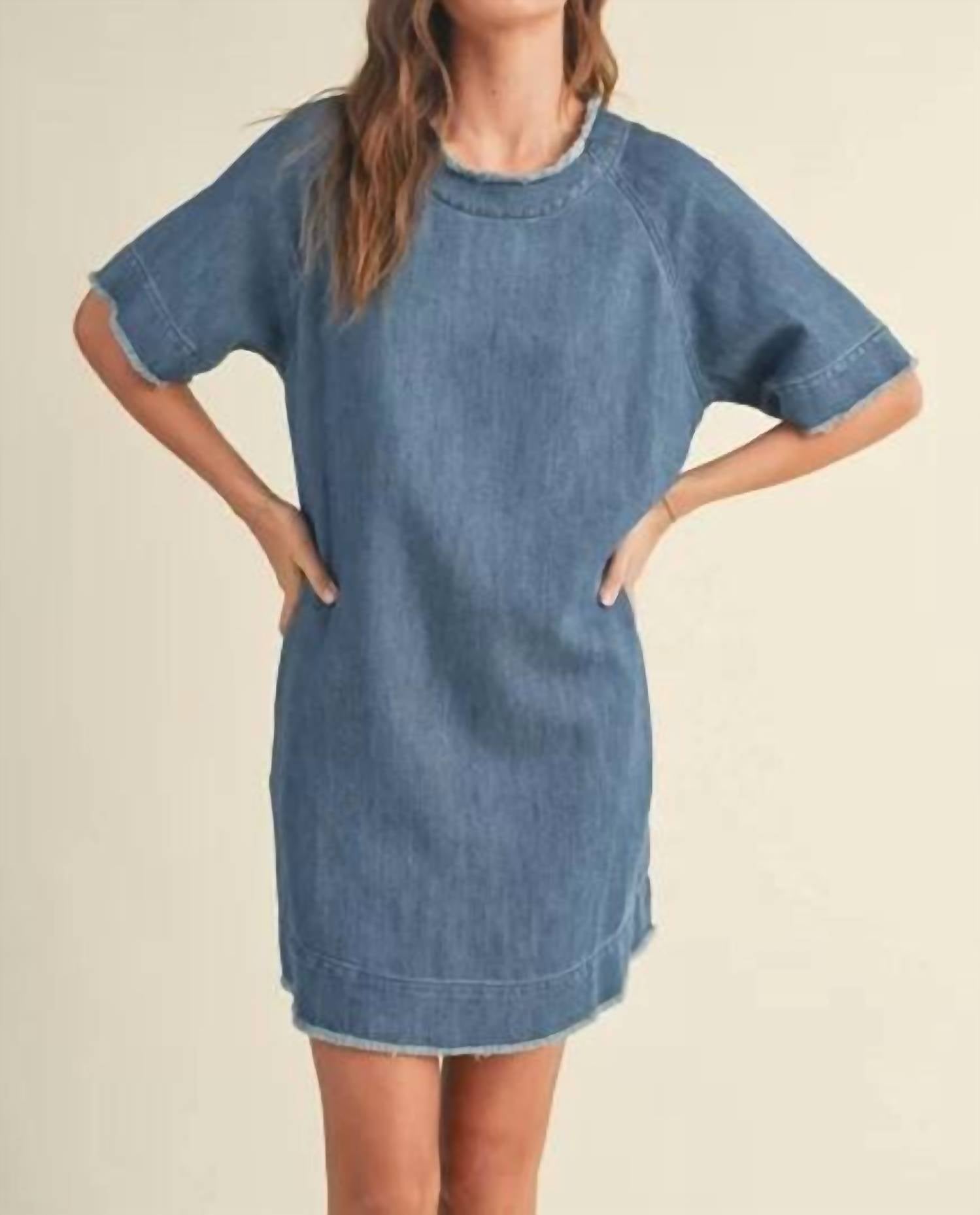 Miou Muse - Raw Edge Detail Denim Dress - blue - clothing - dresses