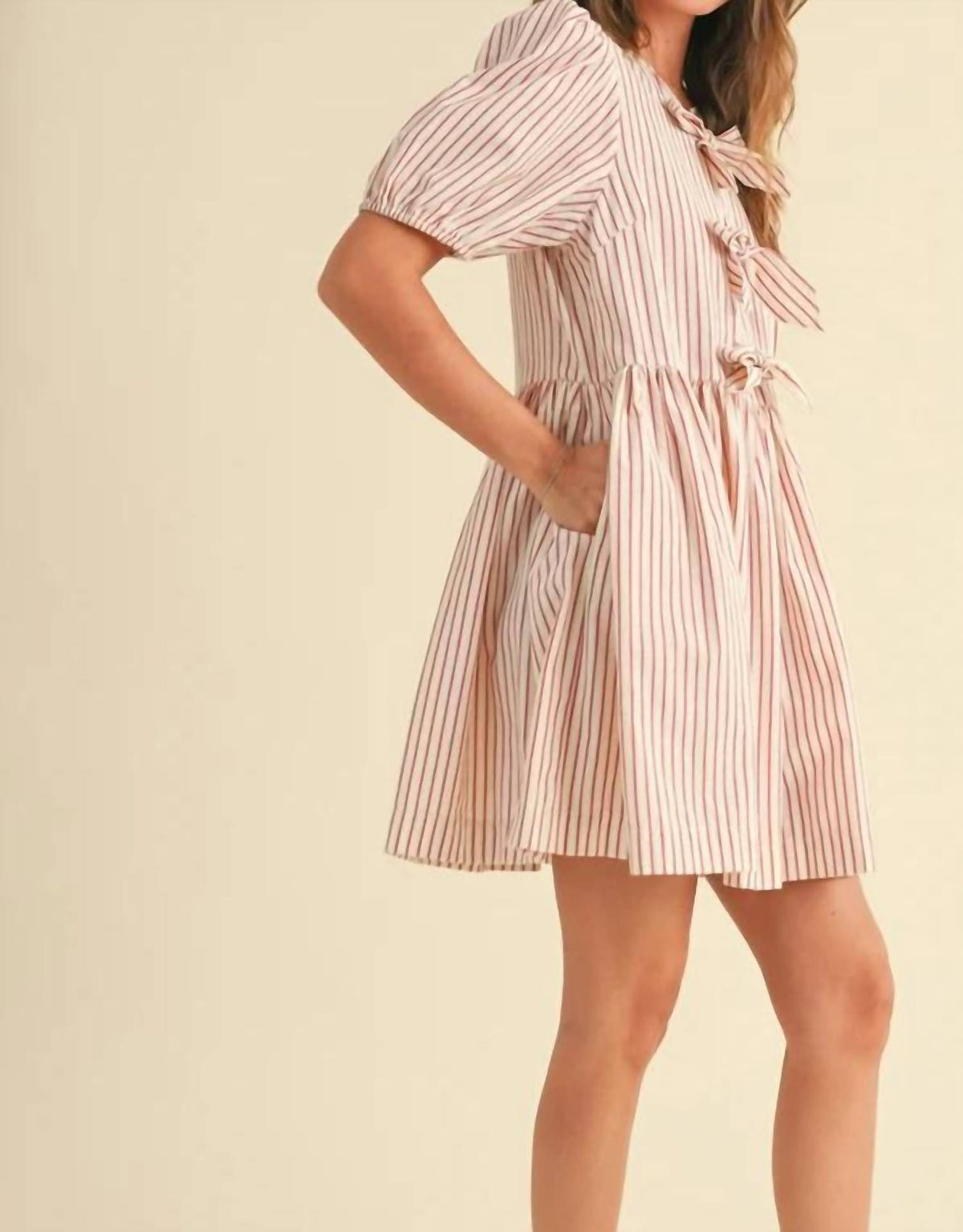 Miou Muse - Stripe With Bow Tie Front Short Sleeve Dress