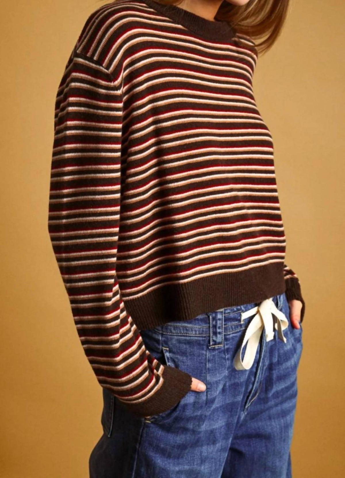 Miou Muse - Striped Round Neck Knit Top