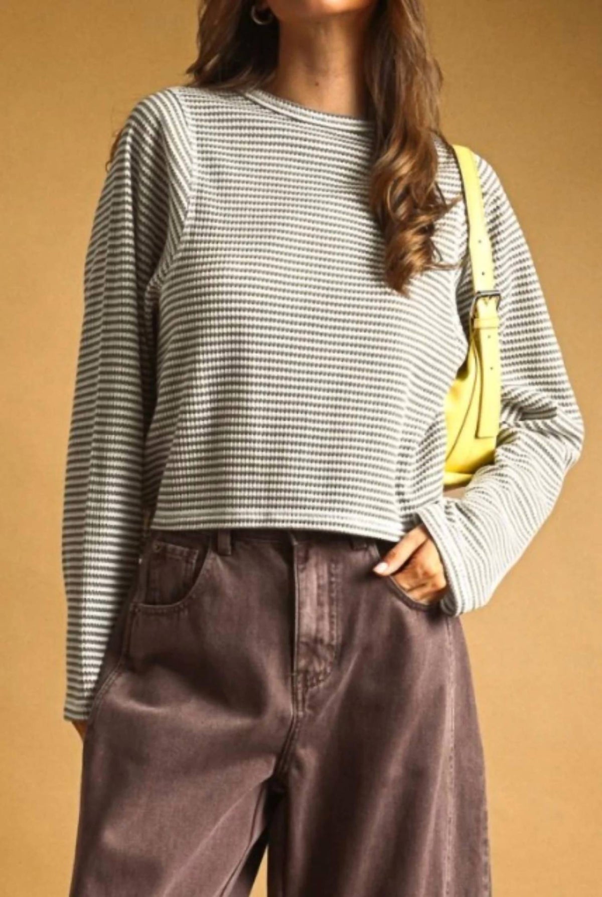 Miou Muse - Striped Waffle Long Sleeve Top