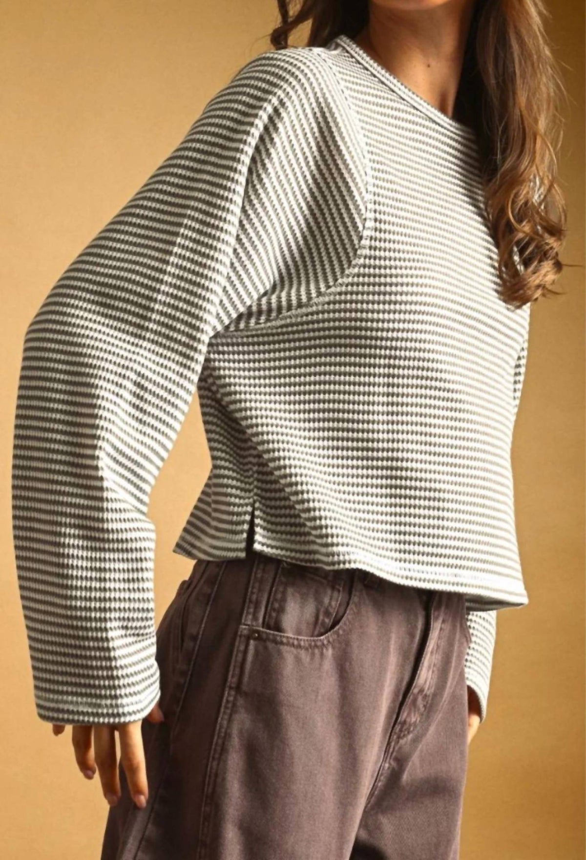 Miou Muse - Striped Waffle Long Sleeve Top