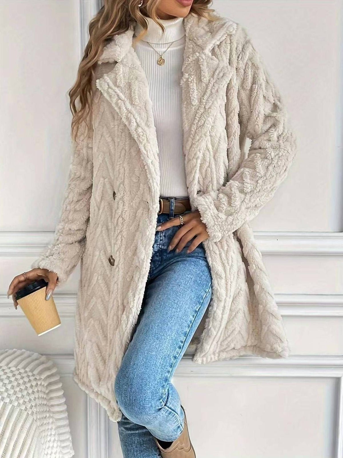 Miss Sparkling - Houndstooth Pattern Fleece Coat