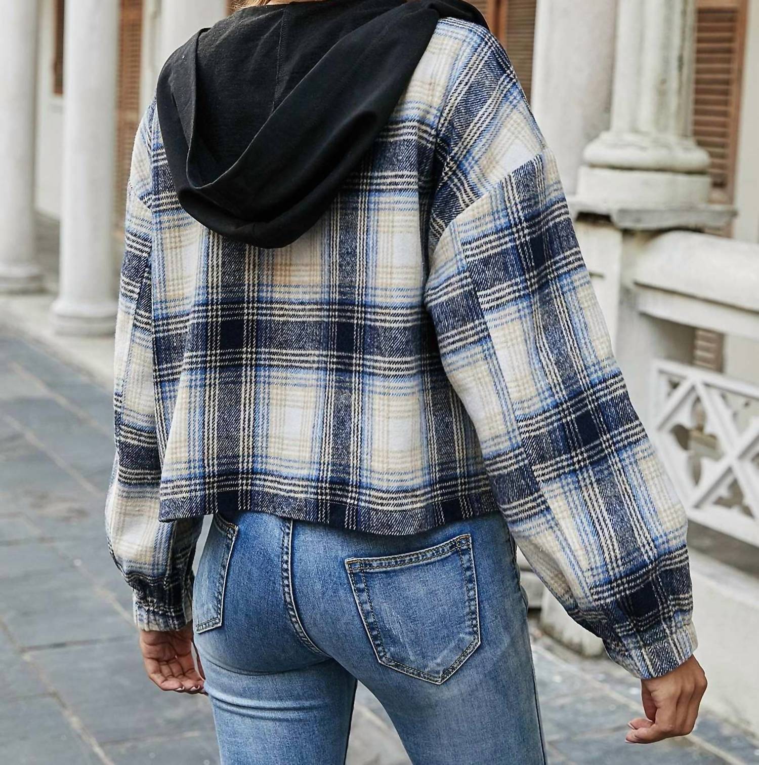 Miss Sparkling - Plaid Print Zip Up Hooded Jacket - blue - clothing - hoodies