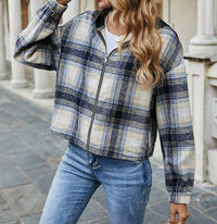 Miss Sparkling - Plaid Print Zip Up Hooded Jacket - blue - clothing - hoodies