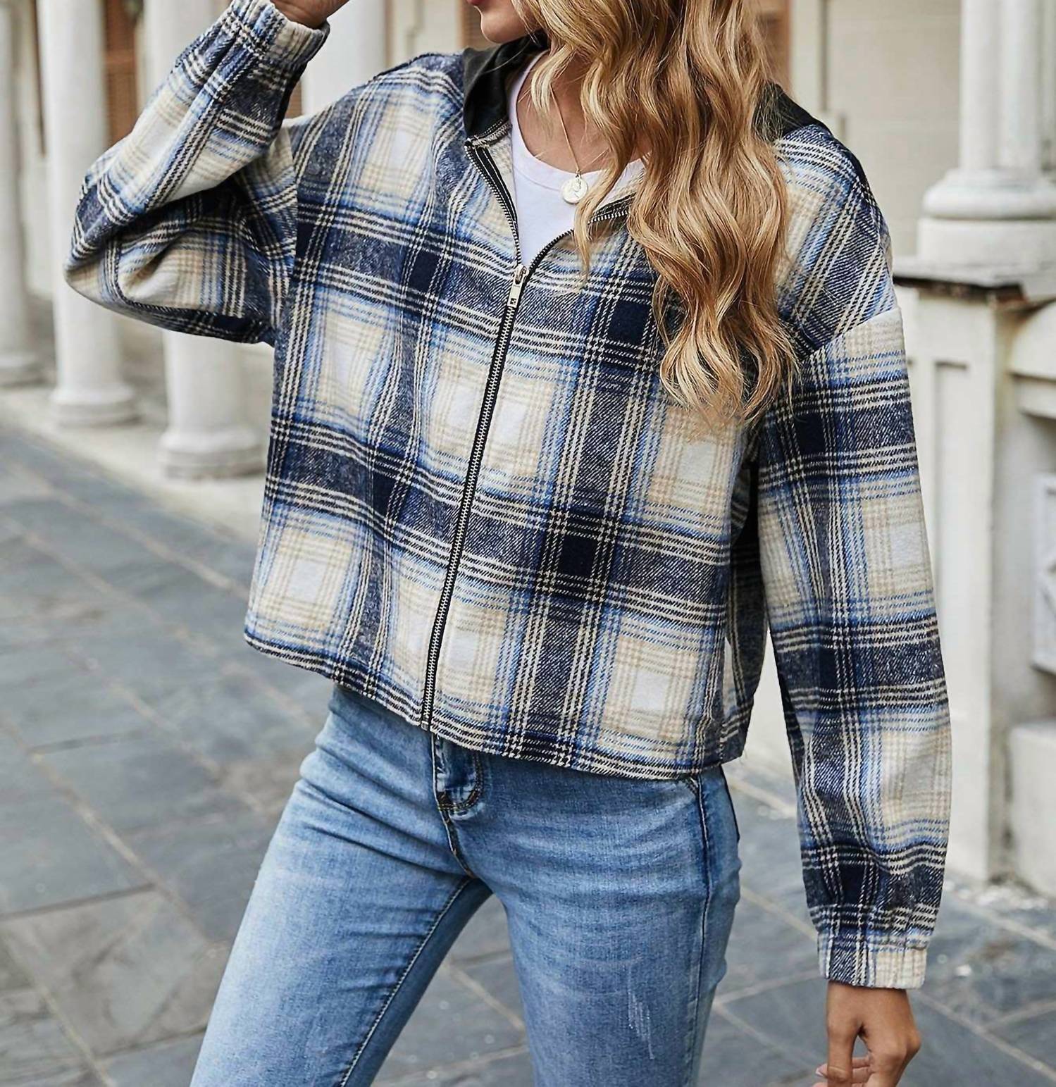 Miss Sparkling - Plaid Print Zip Up Hooded Jacket - blue - clothing - hoodies