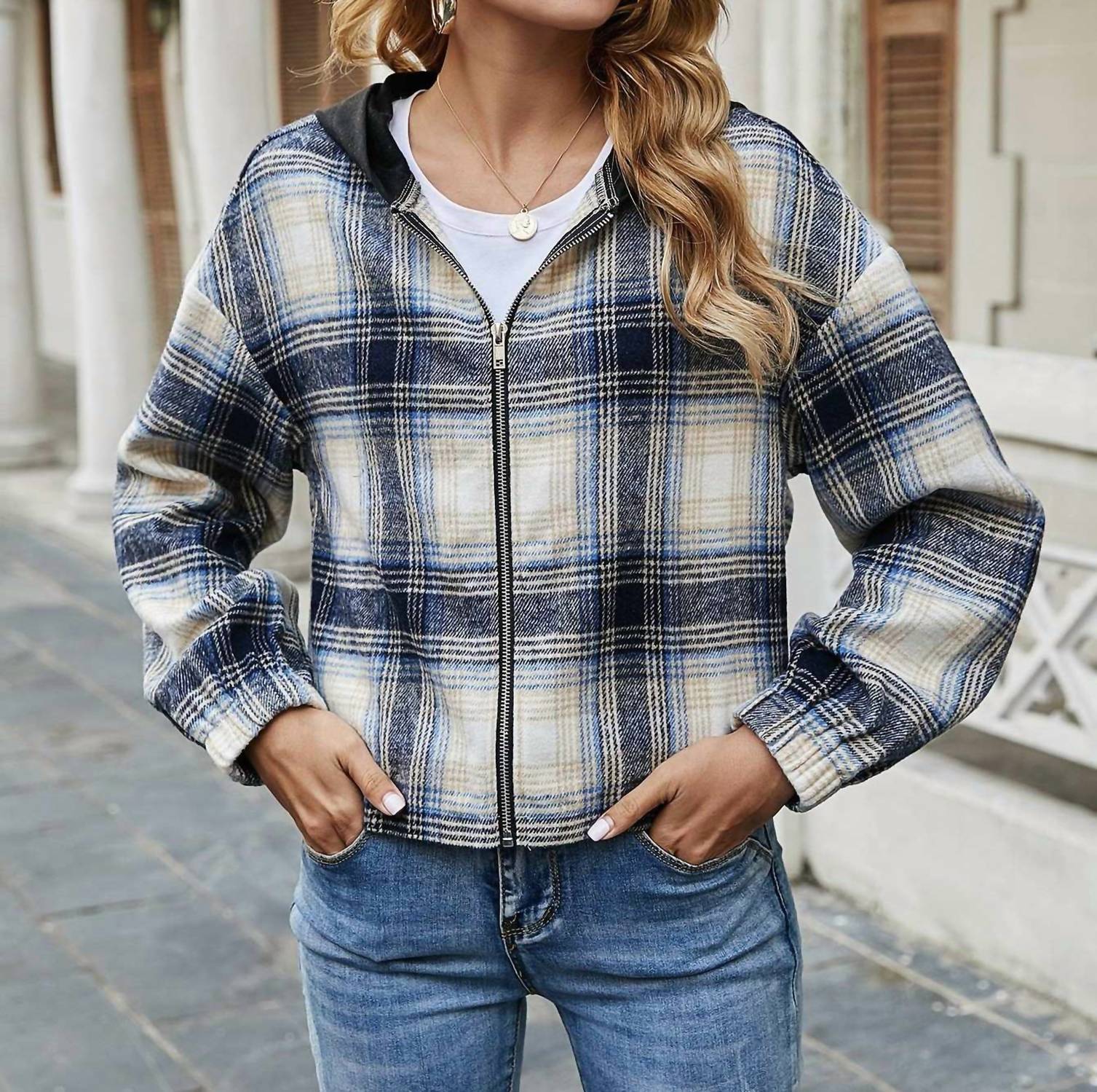 Miss Sparkling - Plaid Print Zip Up Hooded Jacket - blue - clothing - hoodies