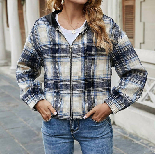 Miss Sparkling - Plaid Print Zip Up Hooded Jacket - blue - clothing - hoodies