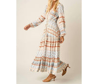 Mittoshop - Boho Border Print Long Sleeve Maxi Dress