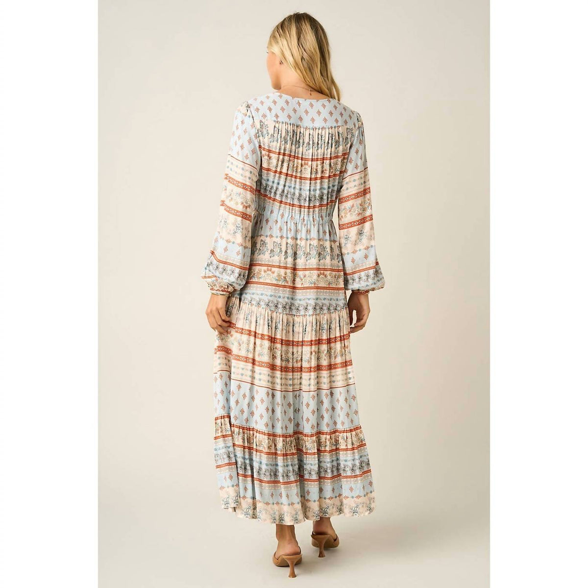 Mittoshop - Boho Border Print Long Sleeve Maxi Dress
