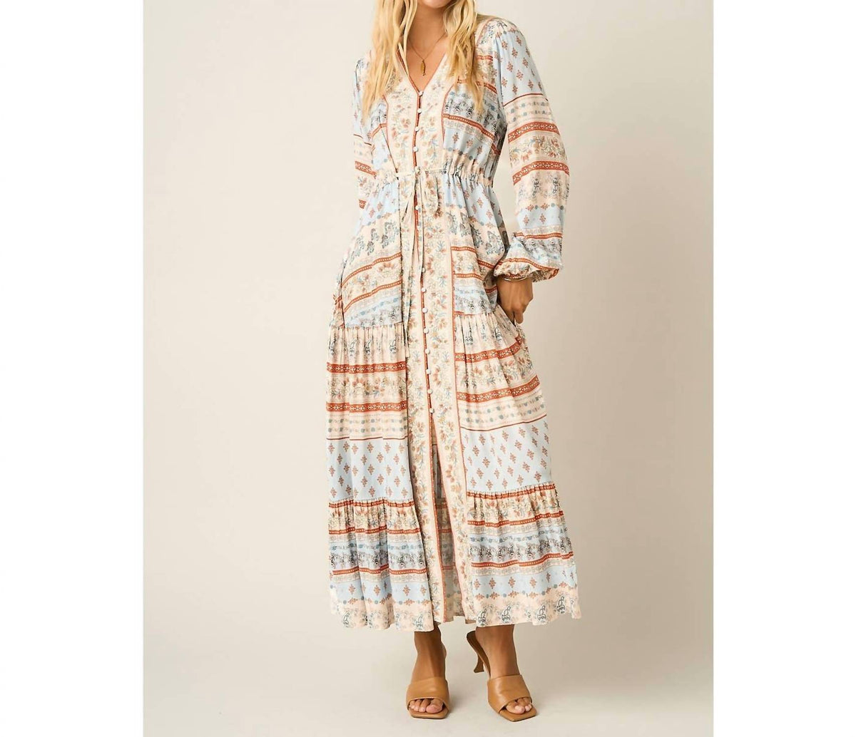 Mittoshop - Boho Border Print Long Sleeve Maxi Dress