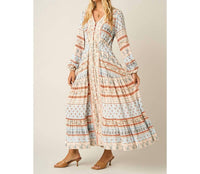 Mittoshop - Boho Border Print Long Sleeve Maxi Dress