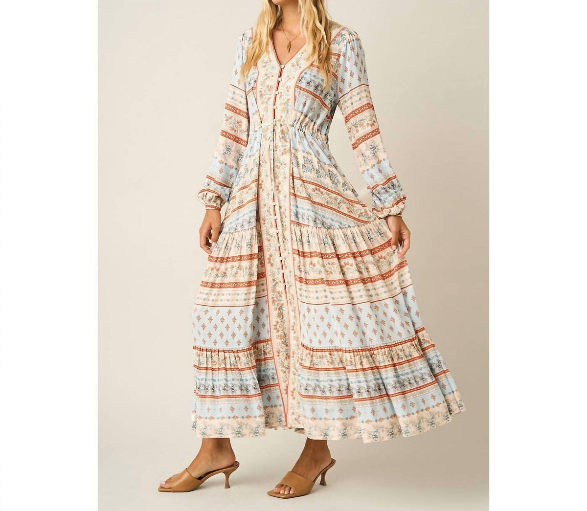 Mittoshop - Boho Border Print Long Sleeve Maxi Dress