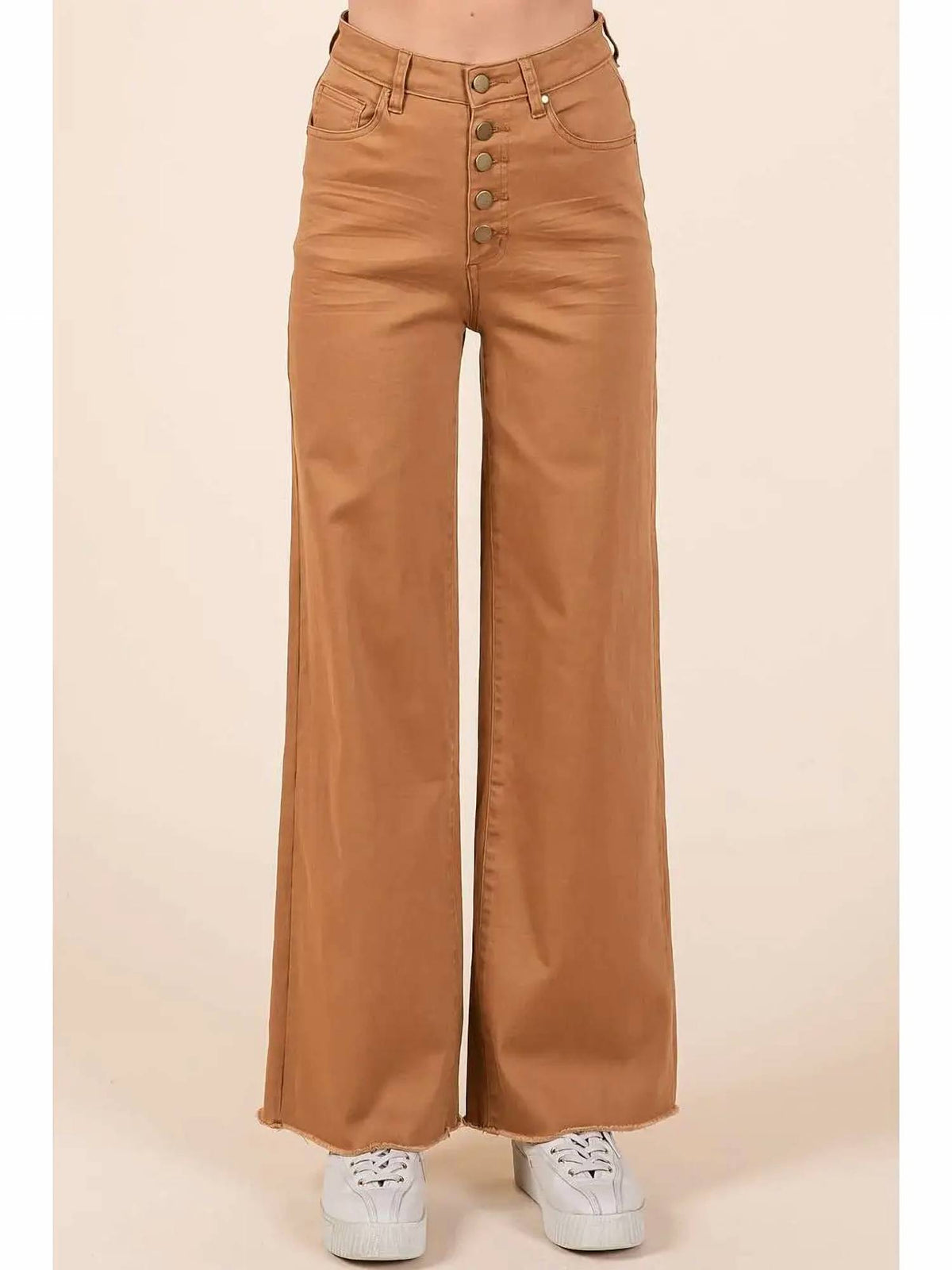 Mittoshop - High Waisted Button Fly Wide Leg Pants