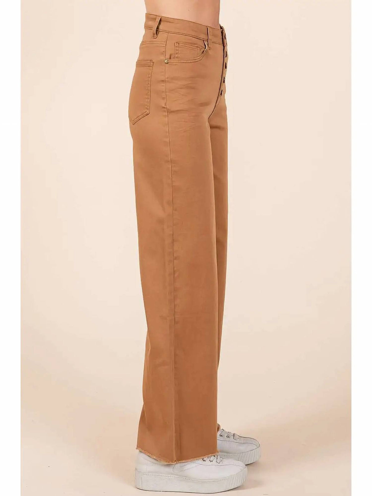 Mittoshop - High Waisted Button Fly Wide Leg Pants