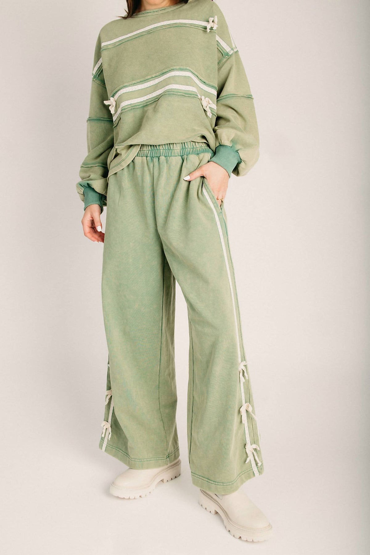 Mittoshop - Pull On Side Bow Stripe Wide Leg Pants