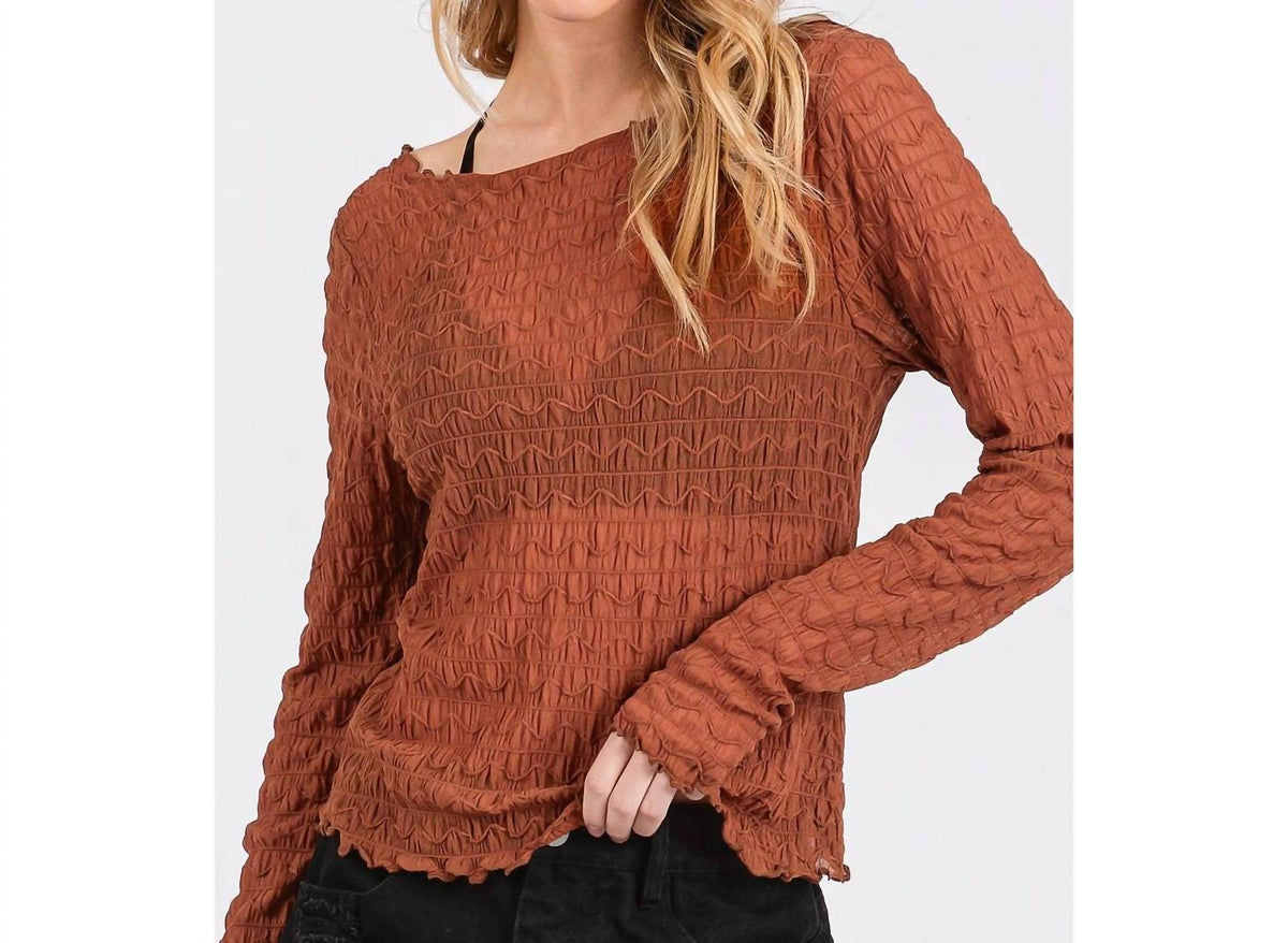 Mittoshop - Textured Sheer Stretchy Boat Neck Long Sleeve Top